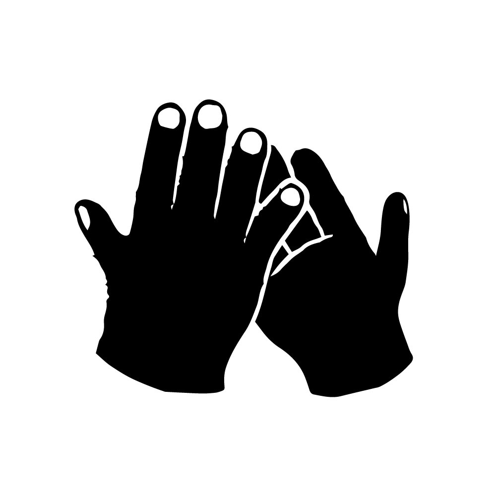 Silueta abstracta que sugiere varias manos juntas en una forma de palmada en fondo negro.